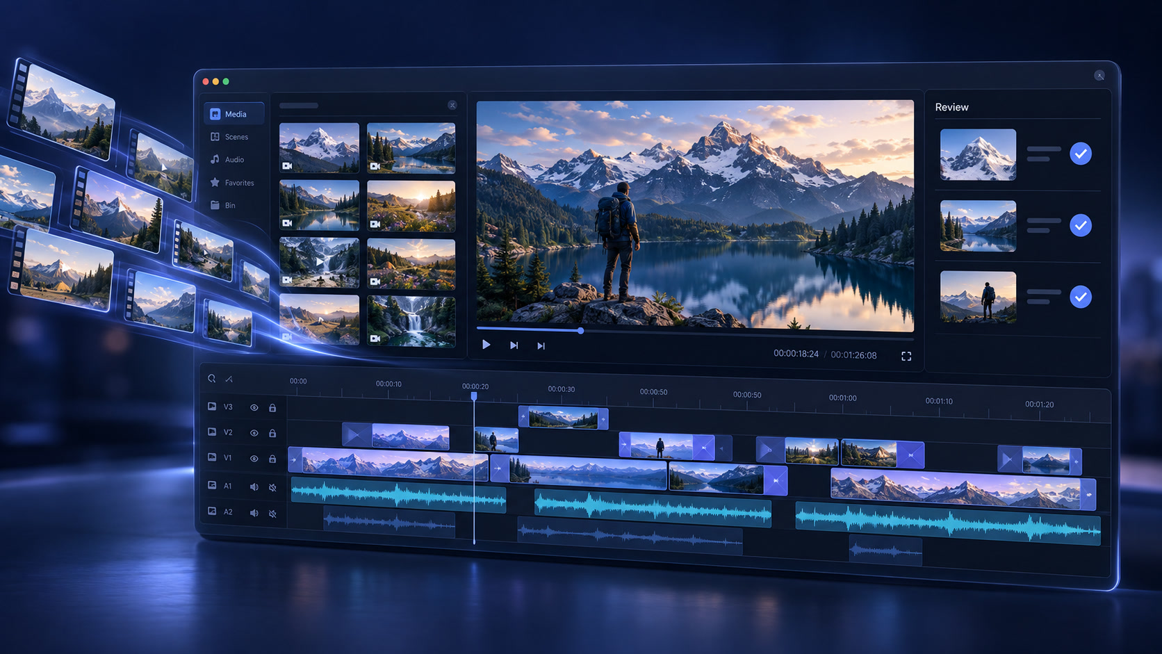 AI video workflow concept: media library, preview, human review and multitrack timeline